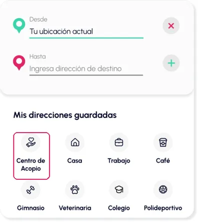 Pantalla de la app de Ridery seleccionando el Centro de Acopio como destino